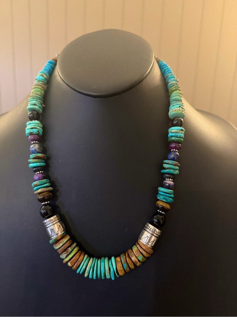 Sterling silver blue green turquoise graduated necklace 22 inch
